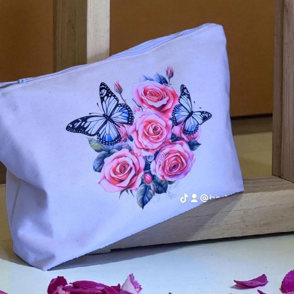 Chic White Cosmetic Bag with Floral and Butterfly Design